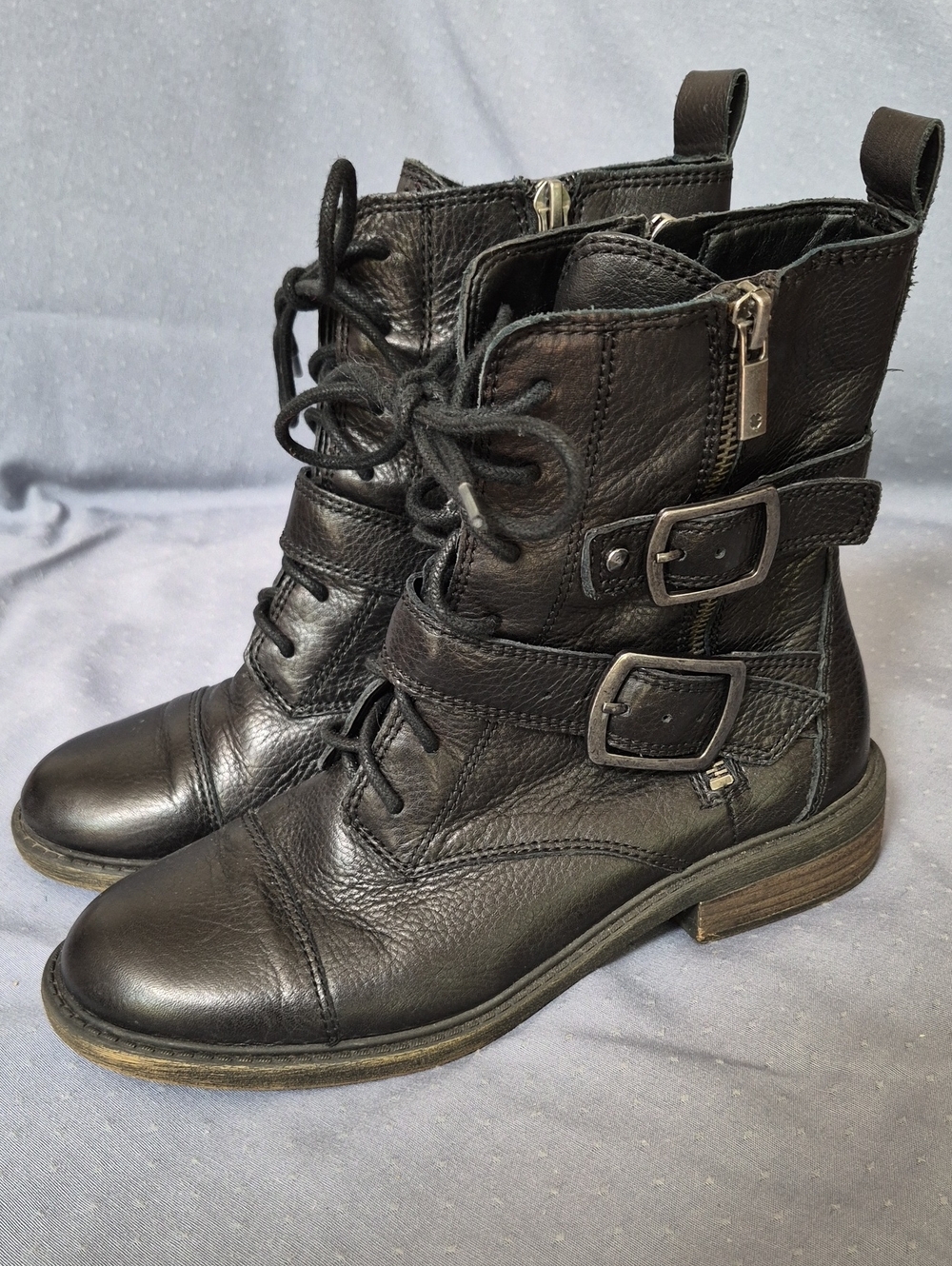 Lucky Brand Womens 6.5 Black Leather Lace-Up Buckle Combat Boots Moto Punk Cool